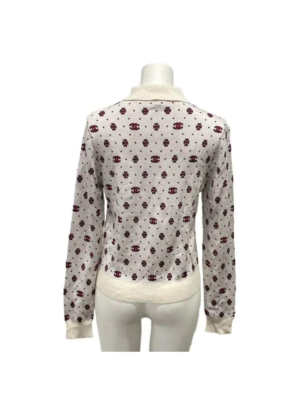 Chanel Long Sleeve Sweater 34 White Pink CC Logo Half Zip Clover Cotton Silk